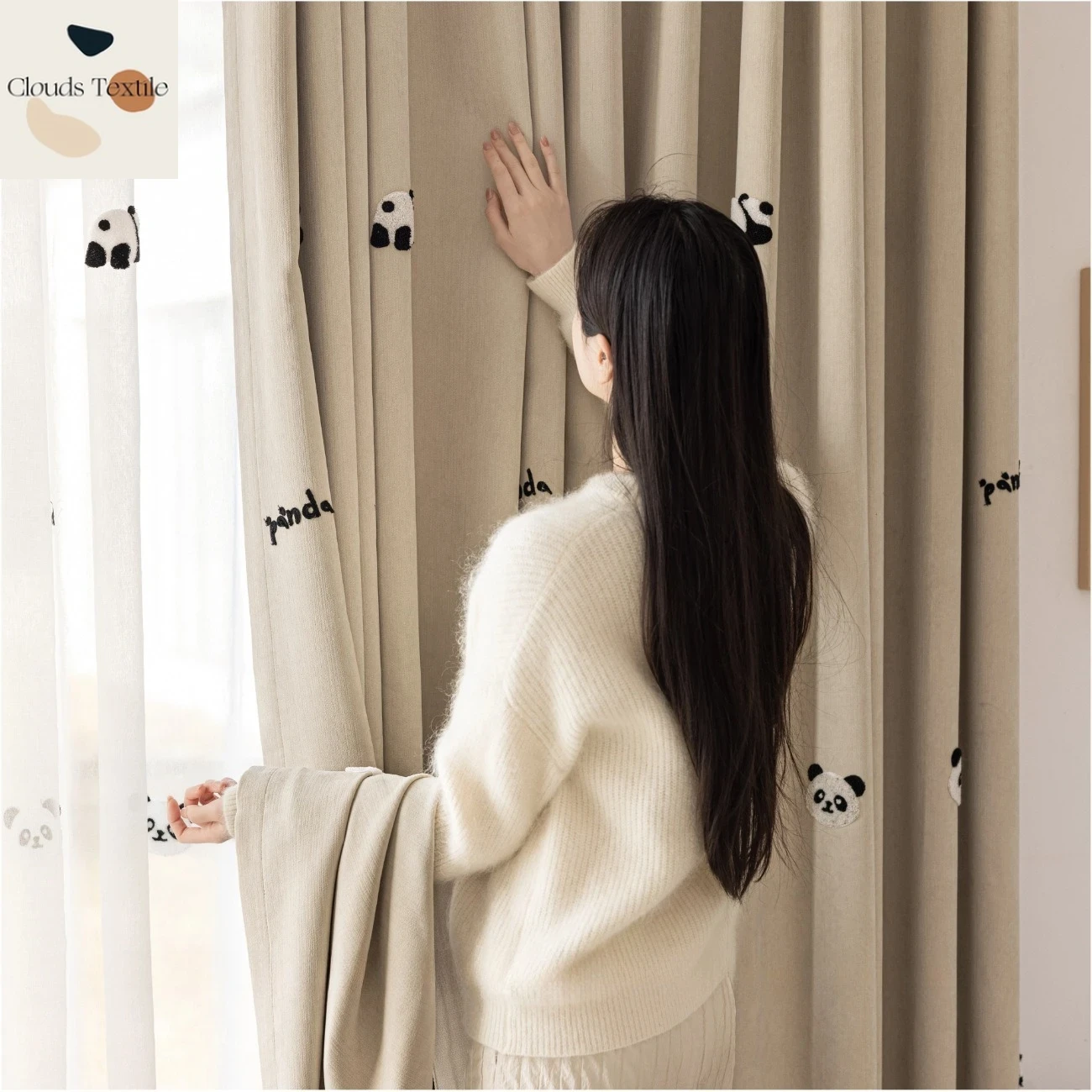 Blackout Curtain Thick - Decorative Panda Embroidery Simple Cream Style